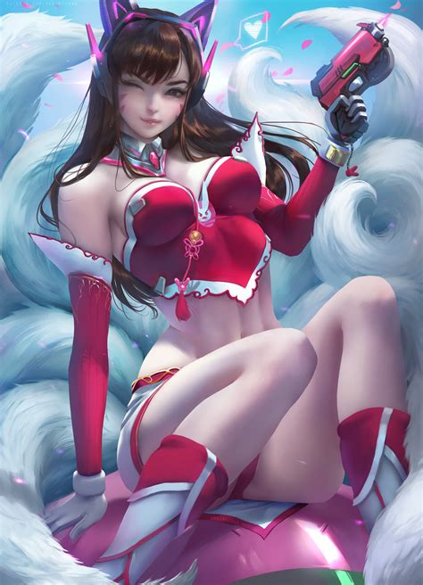 hình nền chéo liên minh huyền thoại d va overwatch ahri trò chơi điện tử đàn bà nghệ