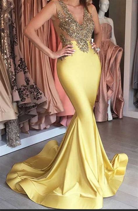 fashion yellow satin sheer v neck prom gown sleeveless applique mermaid