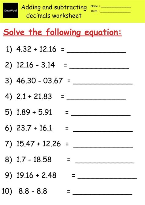 adding  subtracting decimals worksheets dewwool