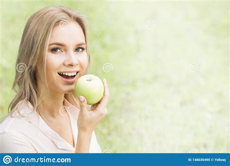 Woman With Green Apple Stock Image Image Of Beautiful 148030495