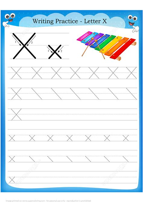 letter    xylophone handwriting practice worksheet