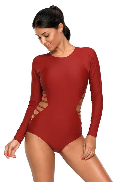 quick dry red long sleeve women sexy one piece swimsuit buy women one