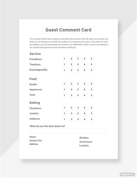 guest comment card template word apple pages  templatenet