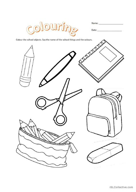 school objects colouring pictionary english esl worksheets