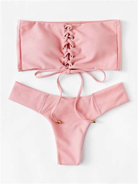 Shop Lace Up Bandeau Bikini Set Online Shein Offers Lace Up Bandeau