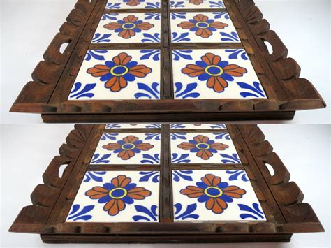 mexican tile serving tray  handles hand carved wood tray etsy