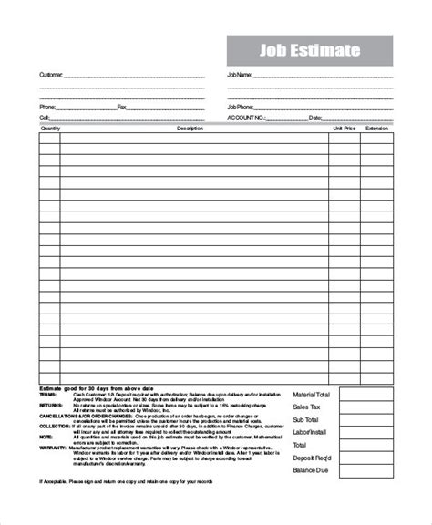 images  printable estimate templates  job estimate form