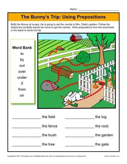 bunnys trip  prepositions prepositional phrase worksheets