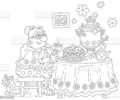 Funny Chubby Housewife Drinking Tea With Pancakes Stock Illustration