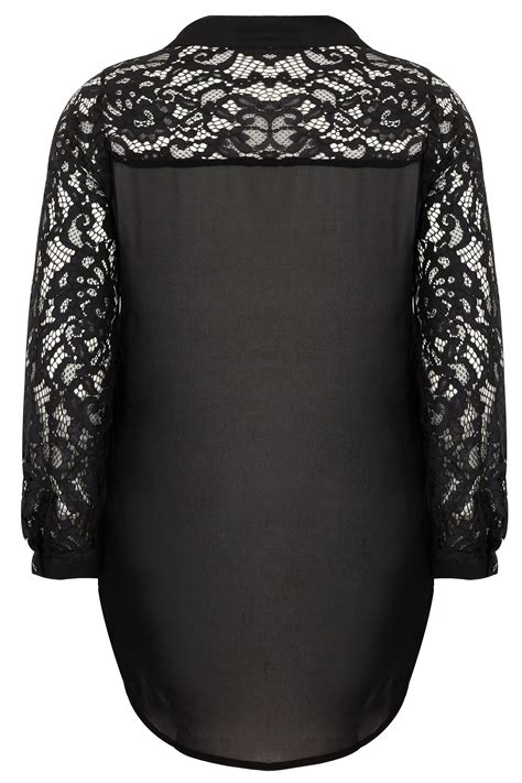 Yours London Black Floral Embroidered Shirt With Lace Sleeves Plus