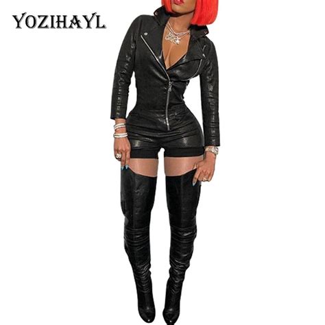 Yozihayl Black Moto Skull Faux Leather Jumpsuit Women Front Zipper Club