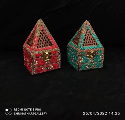 wood natural shrinath art gallery pyramid incense holder with stone