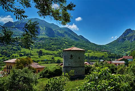 spain scenery mountains houses sky trees proaza asturias nature wallpapers hd desktop