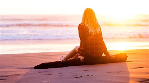 Beautiful Beach Girl Sitting And Watching Sunset View