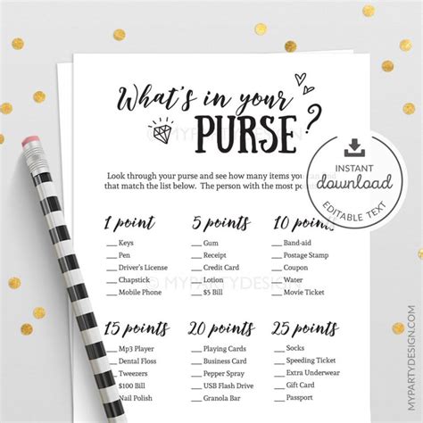 whats   purse game printable card  party design