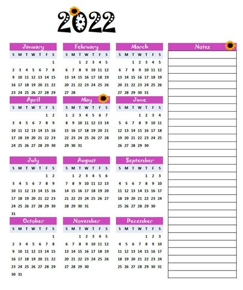year   glance calendar  notes printable etsy