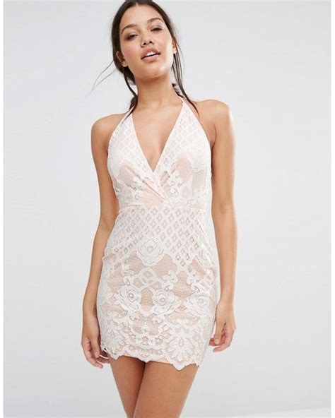 Missguided Lace Halter Neck Plunge Mini Dress In White Lyst