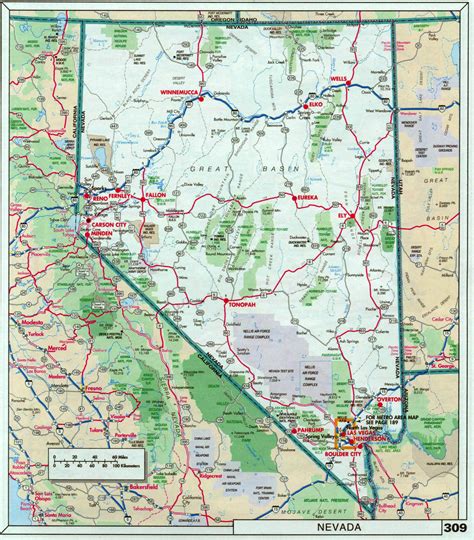 large detailed roads  highways map  nevada state  national parks  cities nevada