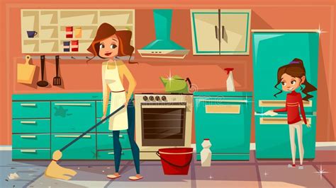 vector cartoon mother daughter cleaning together stock vector illustration of housework