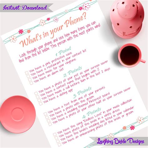 whats in your phone hen party bachelorette party game bridal shower instant download printable