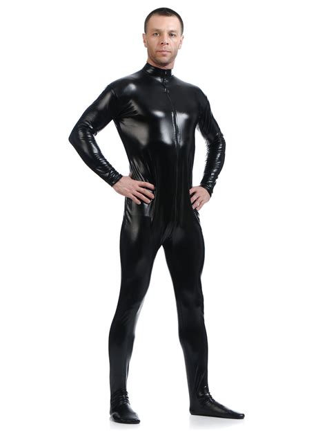 black adults bodysuit shiny metallic catsuit for men