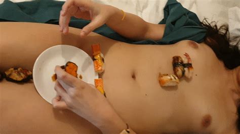 peachy handiworks clips nyotaimori and enjoying sushi on cum dip sauce