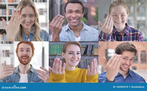 collage  young people inviting  hand gesture stock photo