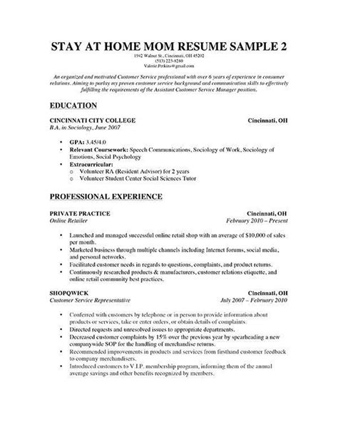 stay  home mom resume sample  parents