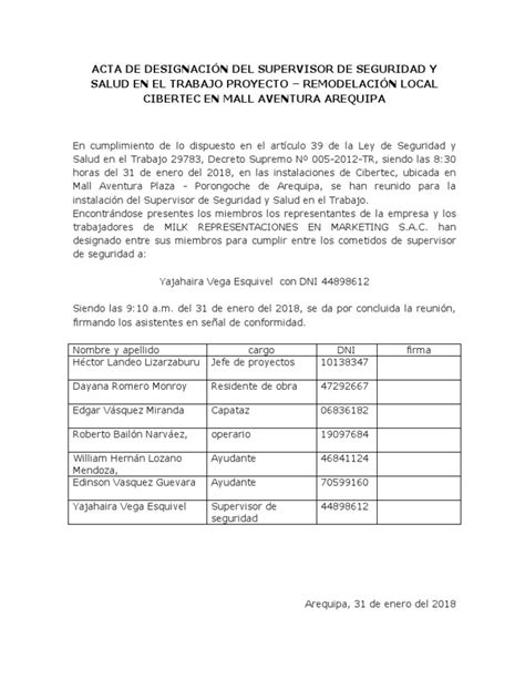 Acta De Nombramiento De Supervisor De Seguridad