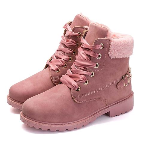 New Pink Women Boots Solid Lace Up Boots Casual Ankle Boots Round Toe
