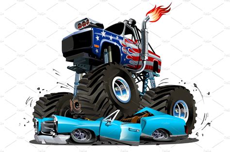 vector cartoon monster truck transportation illustrations ~ creative