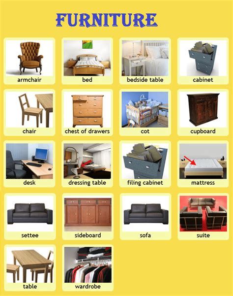 furniture vocabulary  items illustrated esl buzz english day english study english