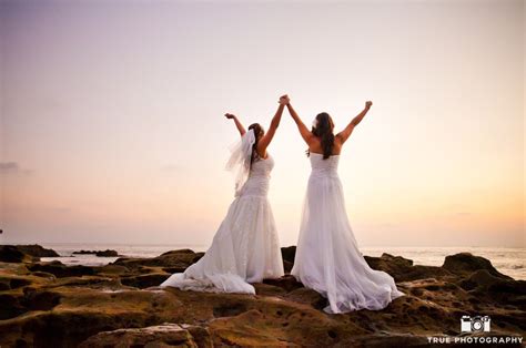 sunset photo of two brides after inn at laguna beach wedding