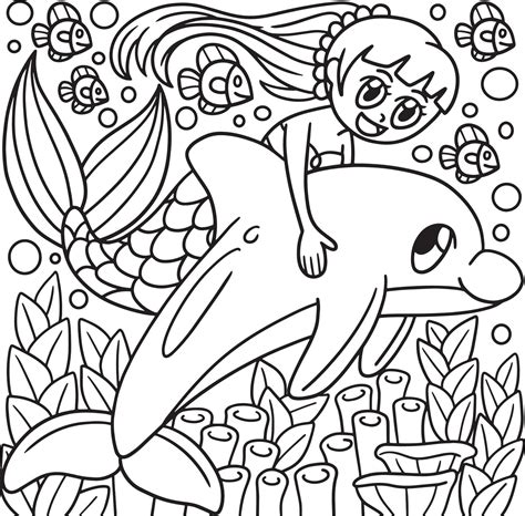 mermaid riding   dolphin coloring page  kids  vector art