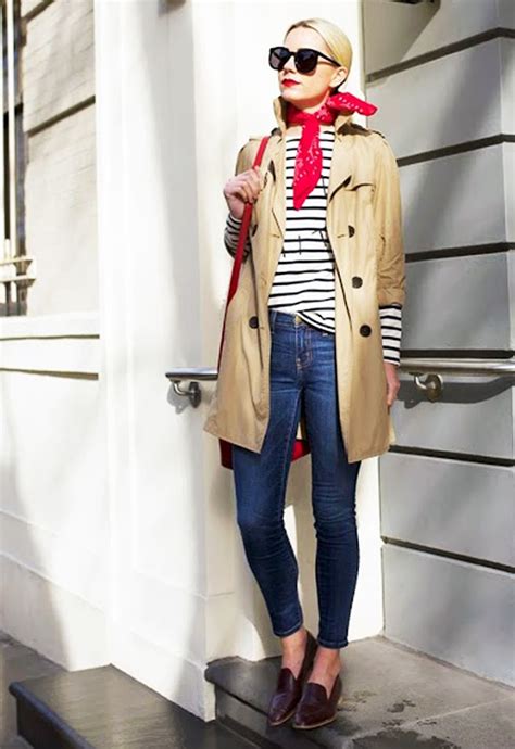 striped shirt trench coat skinny jeans and loafers mode casual