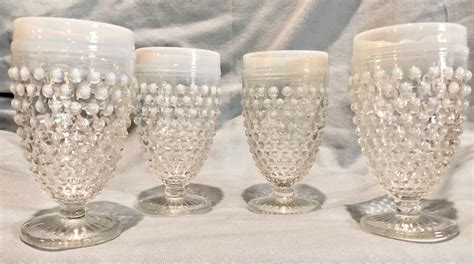 Vintage Clear White Hobnail 8 Ounce Pedestal Drinking Water Glasses