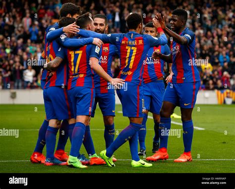 barcelona spain  feb  fc barcelonas players celebrate  scoring