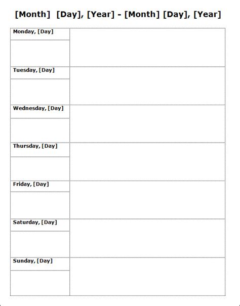 sample weekly schedule templates sample templates