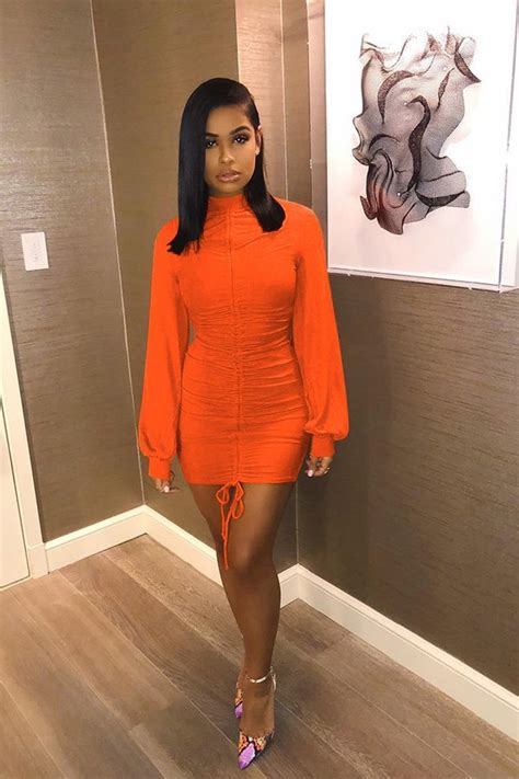 hualong club sexy fitted long sleeve orange cocktail dress
