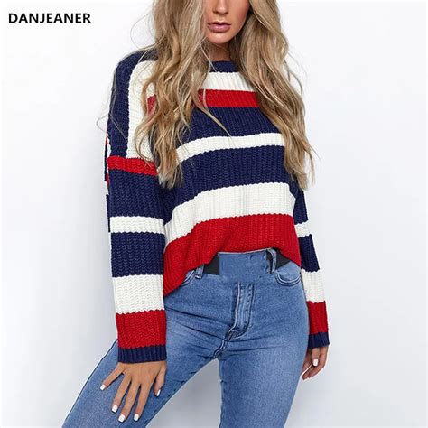 Danjeaner Streetwear Rainbow Stripe Knitted Sweater Women Casual Short