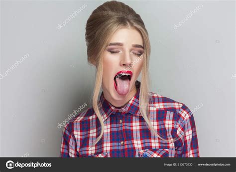 Funny Blonde Woman Open Mouth Tongue Out Gray Background
