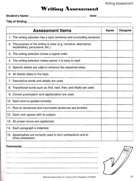 writing assessment rubric  printable great checklist
