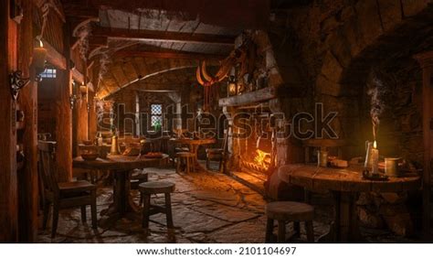 dark moody medieval tavern inn interior illustrazione stock