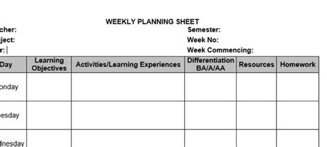 weekly planning sheet teaching resources