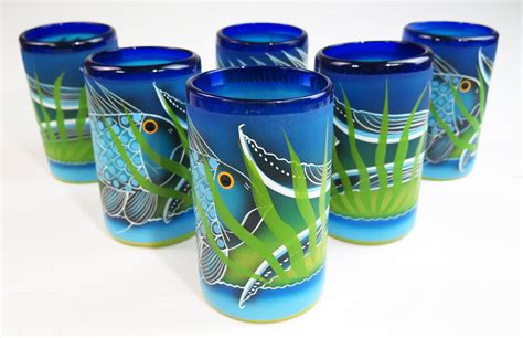 Mexican Glass Tumblers 16 Oz Set Of Six Hand Painted With