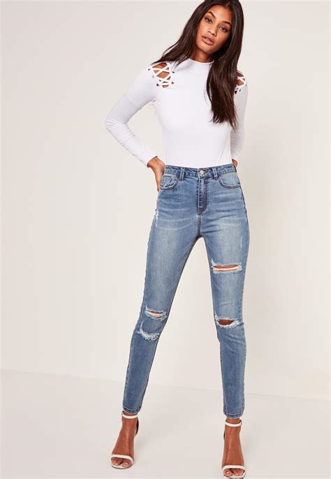 lyst missguided blue sinner high waisted authentic ripped skinny
