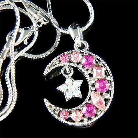 Pink Swarovski Crystal Crescent Moon Star Pendant Necklace