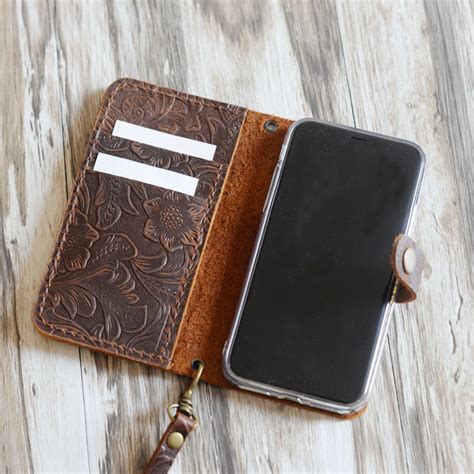womens tooled leather iphone wallet case handmade brown  extra studio