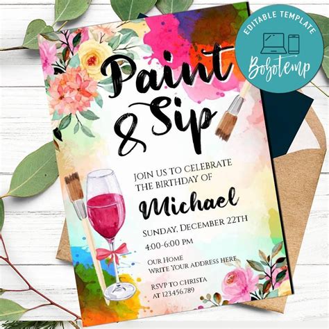 paint sip invitation printable instant  bobotemp