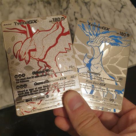 silver yveltal xerneus gx metal pokemon card  mega rare etsy